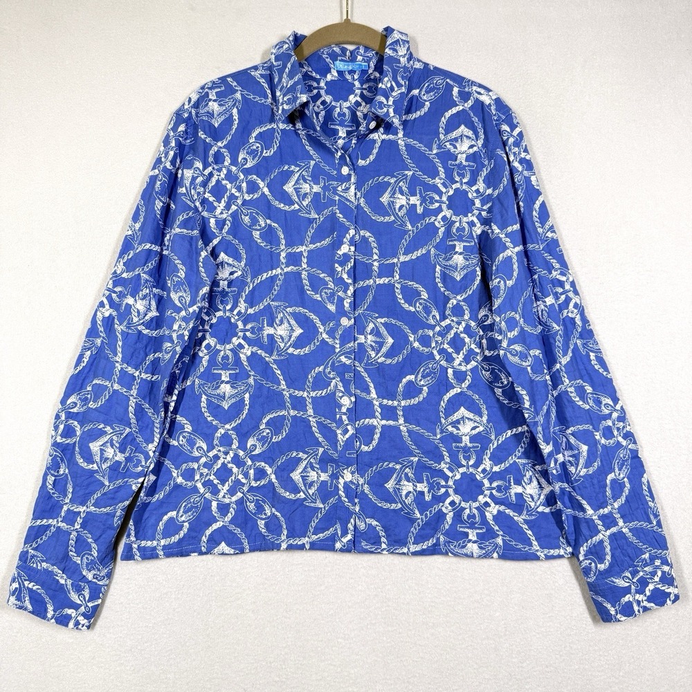 J McLaughlin Top Womens Small Nautical Anchor Rope Print Button Shirt Coastal